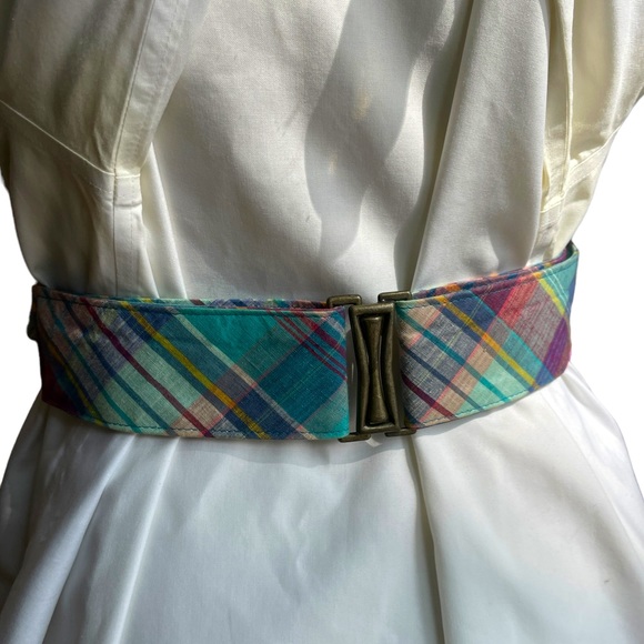 Vintage 80s Braided Madras Plaid Cinch Waist Belt Brass Buckle Adjustable Length - Picture 5 of 9